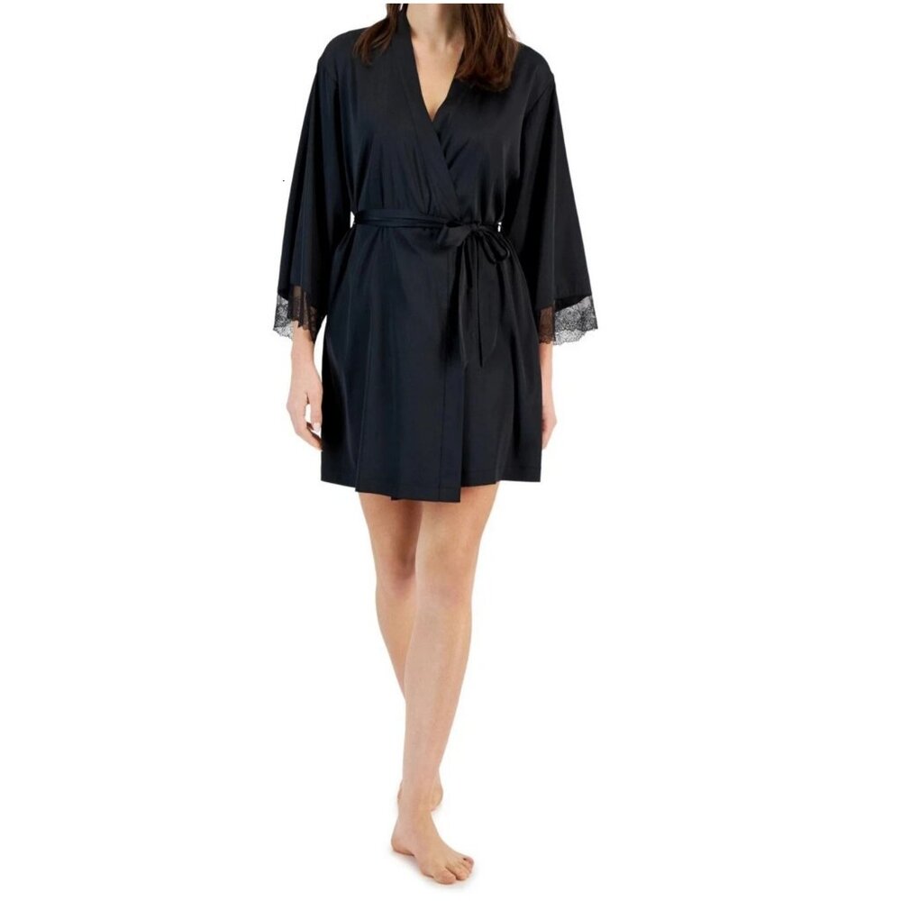INC International Concepts Women's Lace-Trim Satin Short Robe, Black, XL